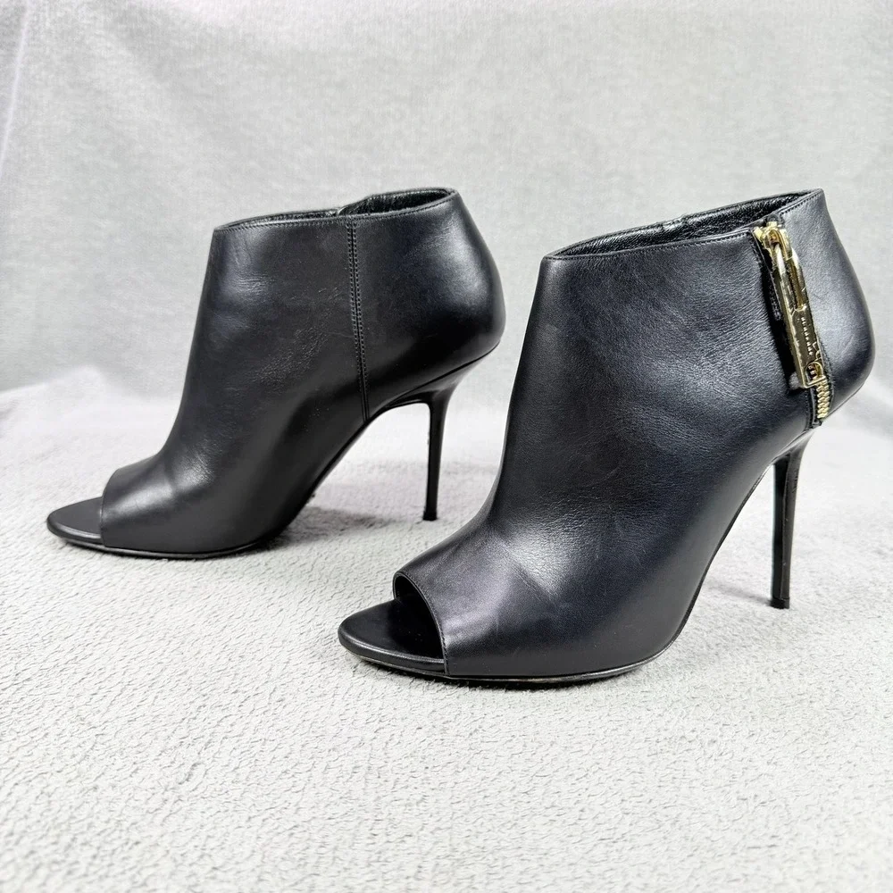 Burberry Womens 39 Black Leather Gold Zip Peep Toe Stiletto Ankle Bootie Italy